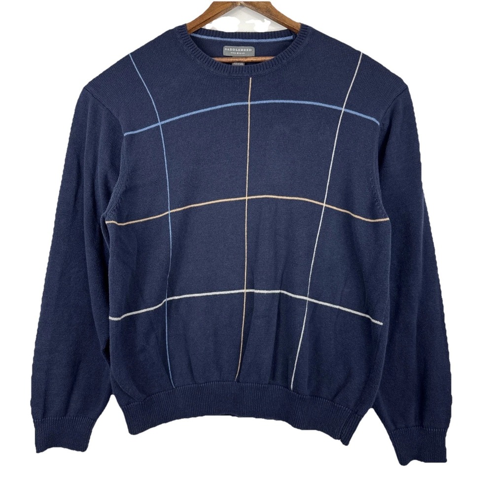 Saddlebred‎ Sweater Pullover Mens 2XL Navy Blue 100% Cotton Textured Grid Knit